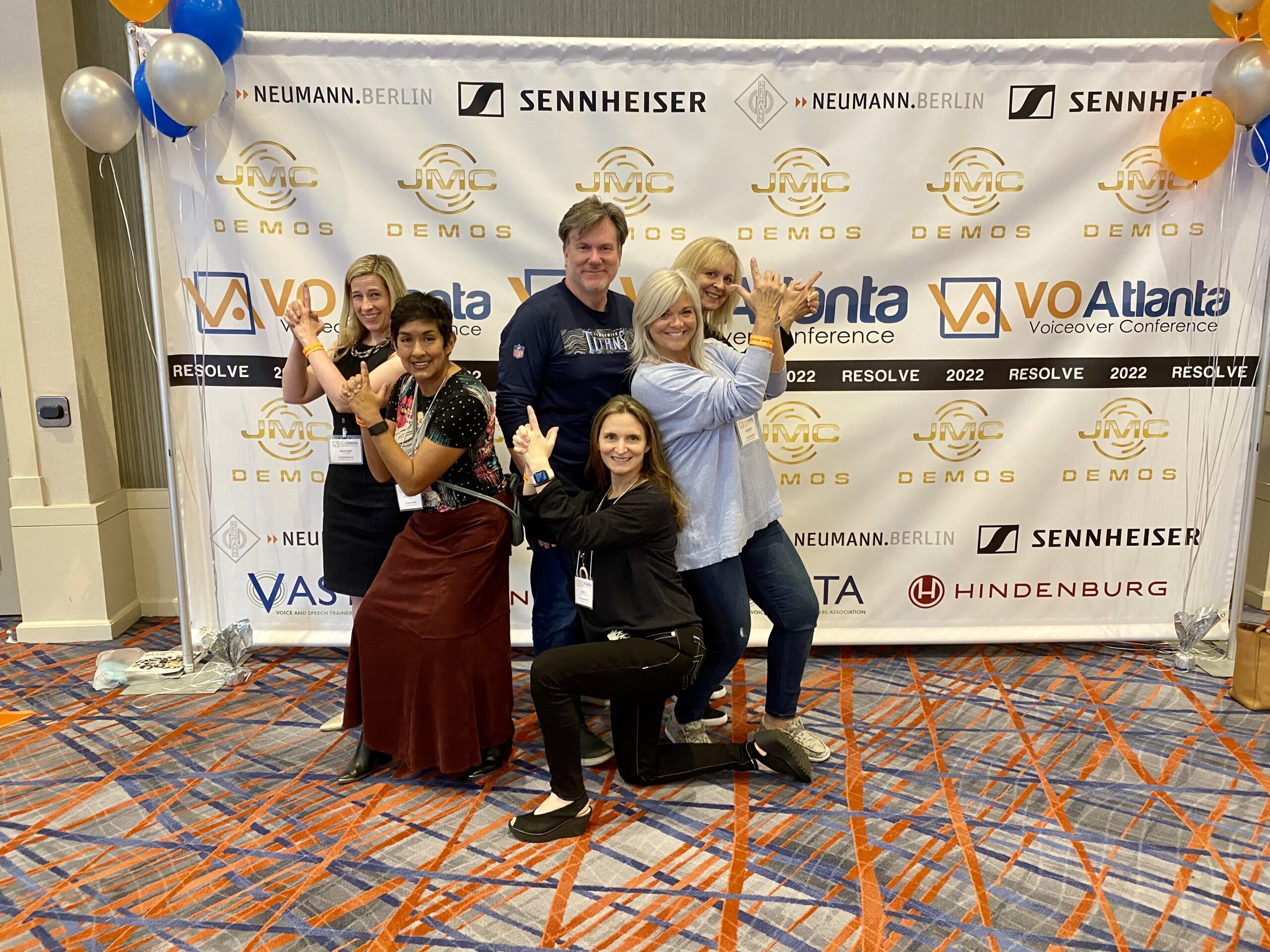 Kevin goofing around at VO Atlanta 2022 with Voice Professionals and friends Heather Bell, Cassandra Gallegos, Madison Taylor, and Bobbi Maxwell.