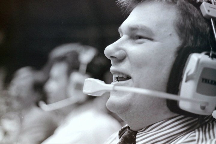 Kevin broadcasting the play-by-play at a University of Arkansas-Little Rock Trojans basketball game at Barton Coliseum in 1994. Photo courtesy of Michael HIbblen.