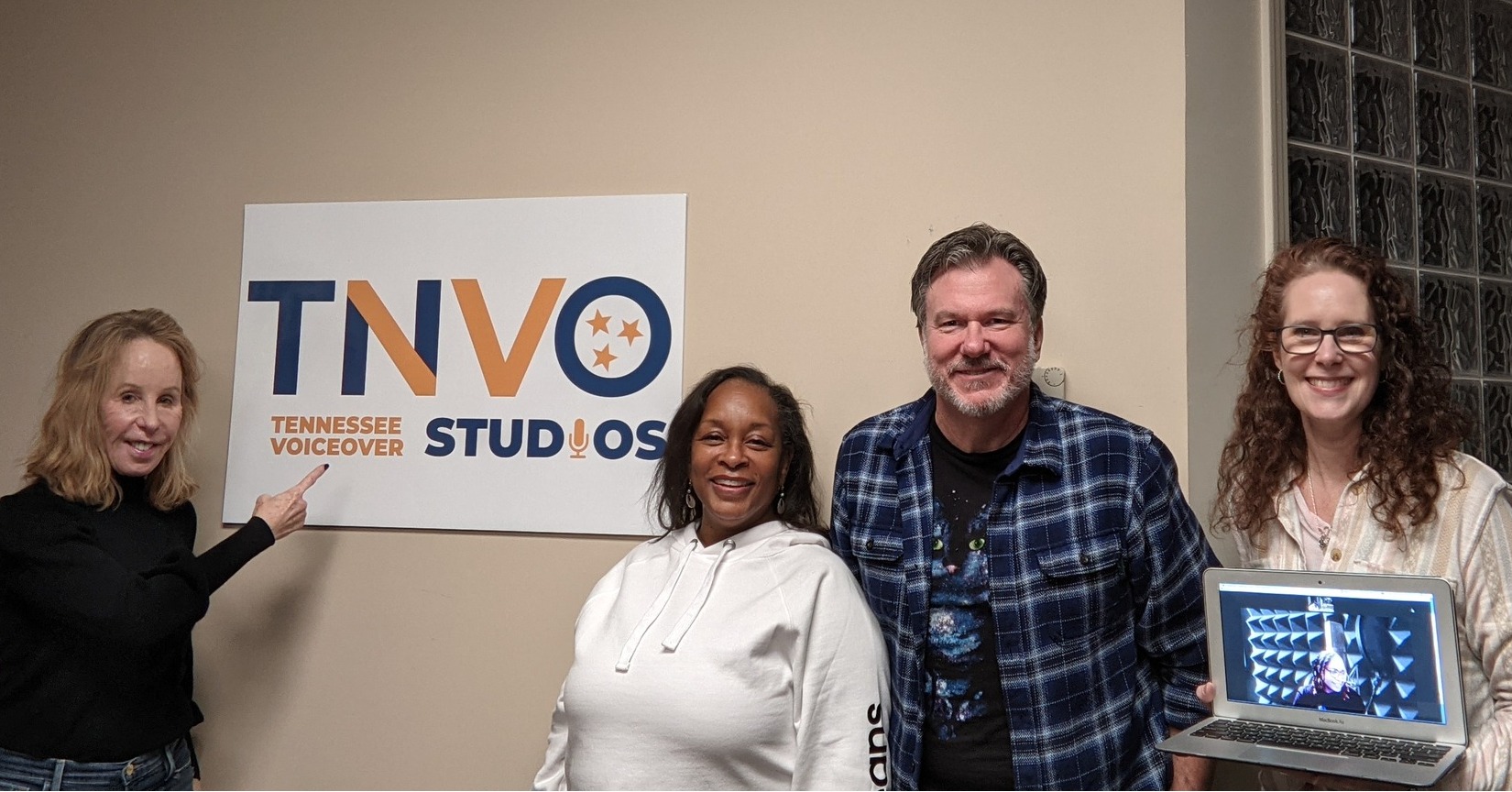 Kevin teaches at Tennessee Voiceover Studios. From left to right are Anne Ghrist, Sabrina JB Moore, Kevin and Christi Bowen.